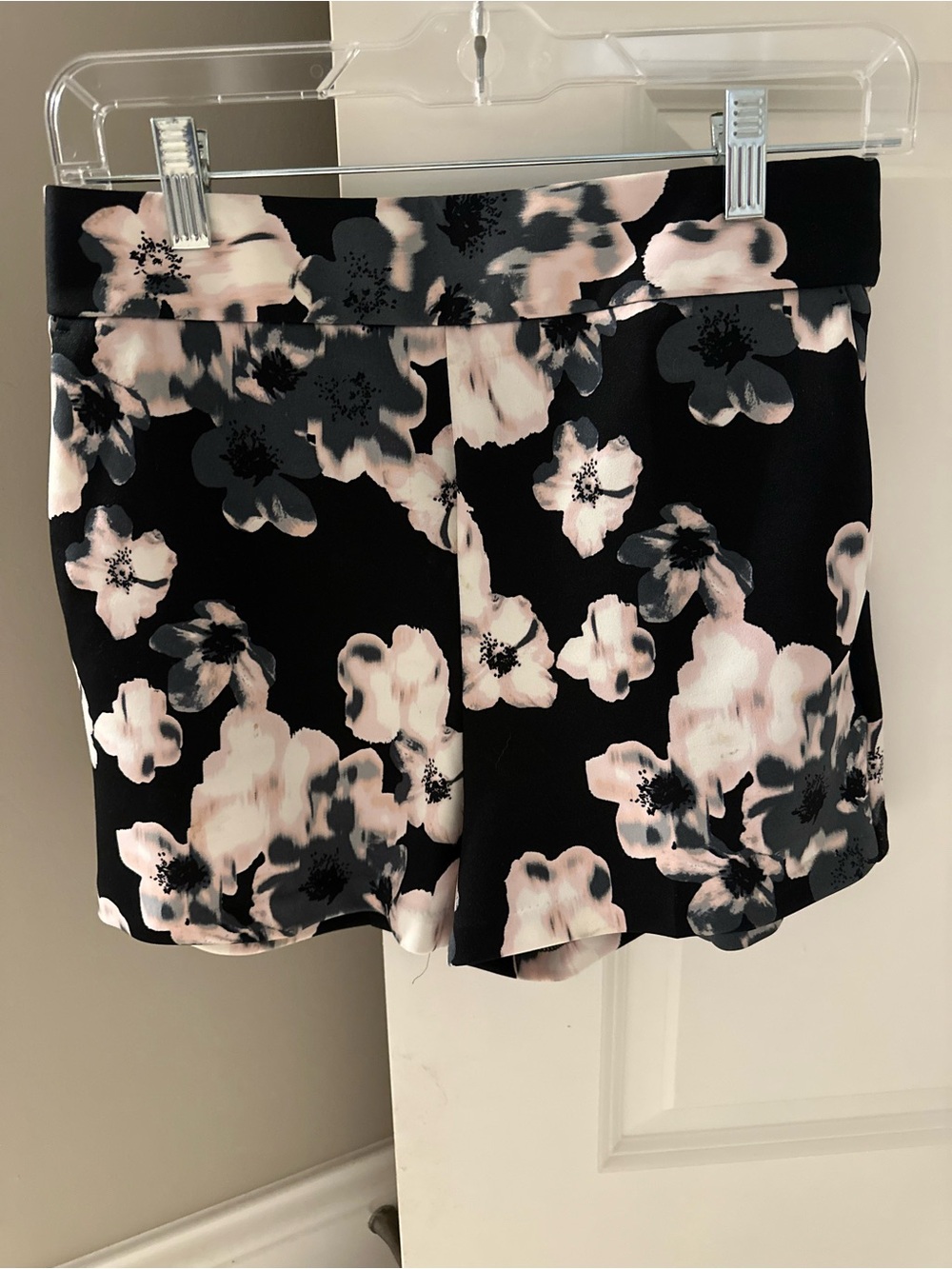 EXPRESS Black Floral High-Waist Shorts with Pale Pink Flowers